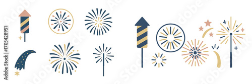 Assortment of colorful fireworks, rockets, and sparklers for holiday festivities and special event celebrations