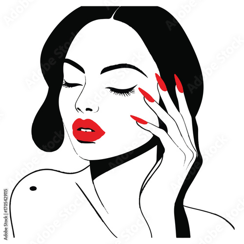 Vector art of elegant woman with red lips and nails a minimalist vector illustration of beauty, fashion, and style for modern design