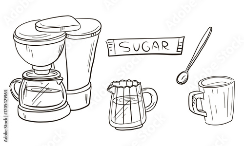 set of doodle items on the theme of coffee. Black outline on white. drip coffee maker, Milk in jug, glass mug filled, Copper long, portioned sugar. Creating coffee with milk, sugar. cafe, coffee shop