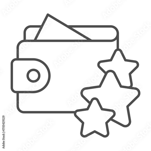 Leather wallet with stars thin line icon, osint analytics concept. Vector graphics. Purse for buying selected goods, buy sign on white background, outline style icon for mobile or web design.