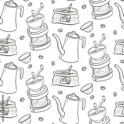 Coffee-themed doodle pattern. Black outline in a seamless texture. Copper teapot with long spout, Manual coffee grinder, bagged coffee, Paper filter, coffee beans. Coffee drink. Cafe, coffee shop