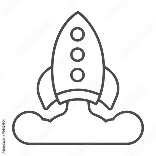 Rocket launch thin line icon, osint analytics concept. Vector graphics. Rocket with smoke, startup sign on white background, outline style icon for mobile or web design.