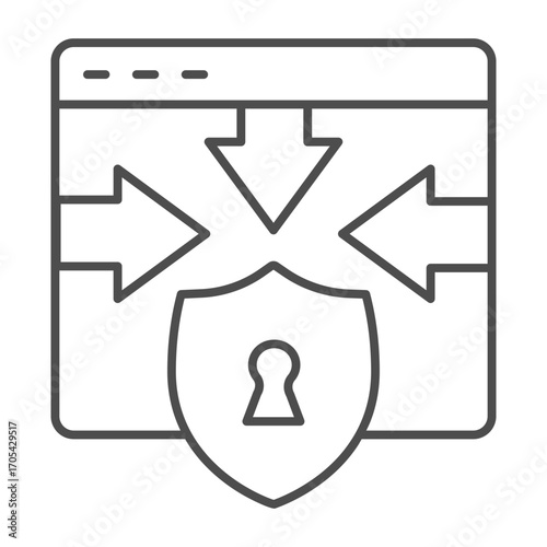 Website and arrows at shield with keyhole thin line icon, osint analytics concept. Vector graphics. Privacy lock, safety sign on white background, outline style icon for mobile or web design.