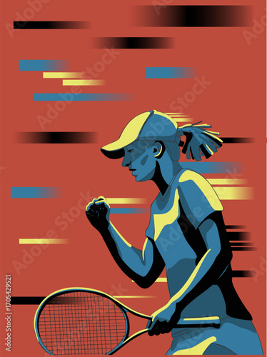 A female tennis player is celebrating a successful shot. Perfect for a poster or banner. Vector illustration.