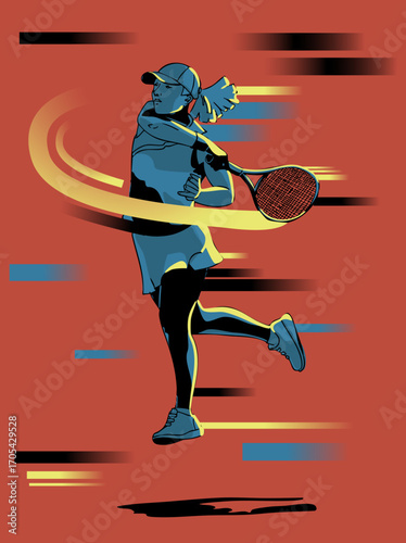 A female tennis player is making a powerful shot. Perfect for a poster or banner. Vector illustration.