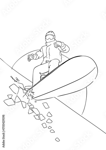 A snowboarder is riding down a mountain. Vector illustration. Black and white illustration.