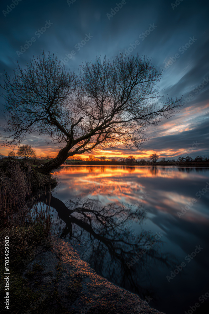 Fototapeta premium Solitary Tree at Sunset Lake – AI Generative
