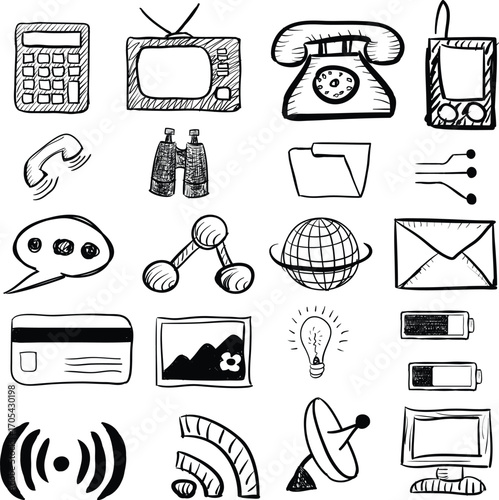 Black-and-white sketch-style illustration of modern devices and digital symbols.