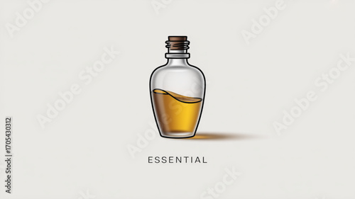 A bottle of essential oil, a natural remedy for health and wellness, , with the word essential below it