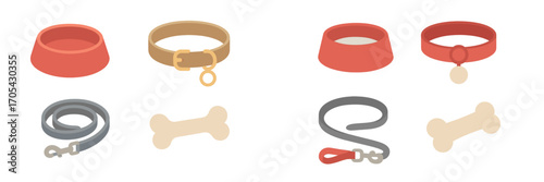 Isometric pet accessories collection featuring dog bowls, collars, leashes, and bones on white background