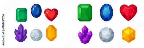 Colorful collection of faceted gemstones, sparkling jewels, and raw crystal formations in various shapes and sizes
