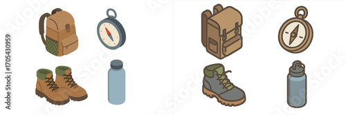 Outdoor adventure essentials: isometric backpack, compass, hiking boots, and water bottle for exploration