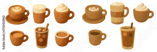 A collection of various coffee drinks including latte, cappuccino, espresso, iced coffee, and whipped cream beverages
