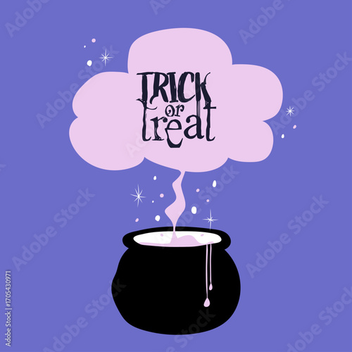 Bubbling Cauldron with "Trick or Treat" Hand-Lettering. A vibrant Halloween illustration featuring a magical black cauldron.