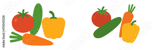 Vibrant assortment of fresh colorful garden vegetables including ripe red tomatoes, green cucumbers, orange carrots, and yellow bell peppers