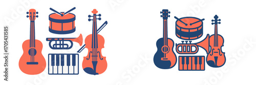 Diverse collection of musical instruments featuring guitar drum trumpet piano and violin in a modern flat design style