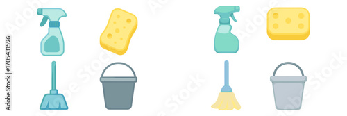 Assortment of essential household cleaning supplies including spray bottles sponges mops and buckets