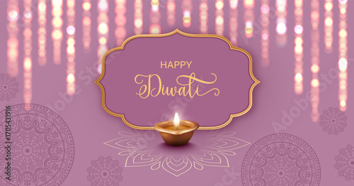 Diwali Concept design. Festival banner with lights, copper diya lamp and golden frame