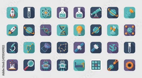 Inspiring science and technology icons perfect for education or research presentations, featuring rockets, atoms, DNA, planets, robots, and microscopes in a modern, engaging style
