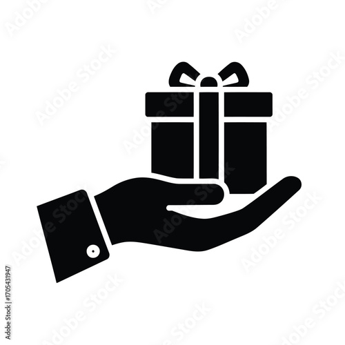 Vector art of a hand offers a gift box with a bow, symbolizing generosity and presents