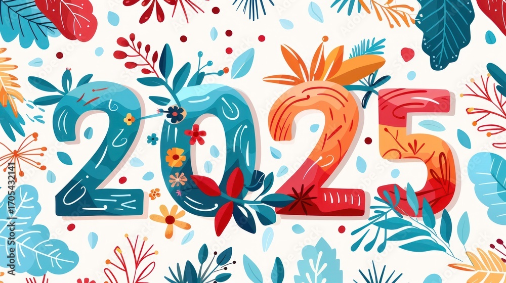 Fototapeta premium Floral illustration design welcoming the year 2025 with colorful leaf pattern