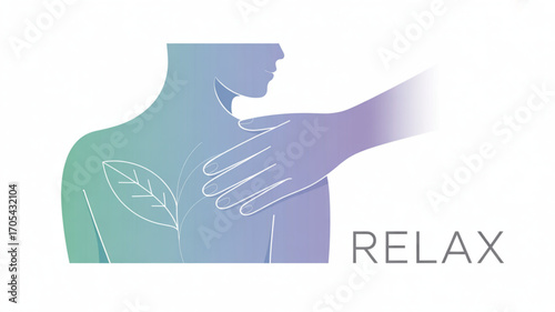 A hand on a persons back with a leaf design and the word relax