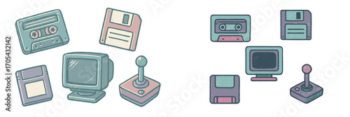 Collection of vintage computer and gaming accessories with old audio cassette tapes and floppy disks