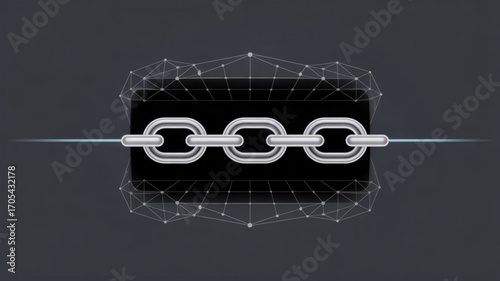 A chain link icon in the center of a black rectangle with a network of dots surrounding it vector illustration