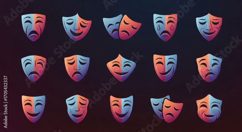 Intriguing collection of theatrical masks showcasing a spectrum of human emotions, perfect for representing drama, performance art, and storytelling with a touch of artistic flair