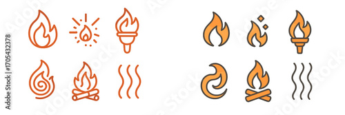 Collection of diverse fire and flame icons featuring campfire, torch, and heat wave symbols in outline and filled styles
