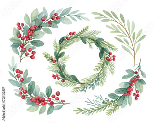 Watercolor Christmas wreaths eucalyptus vector illustration 