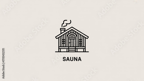 A minimalist line art illustration of a sauna house with smoke coming out of the chimney, , and the word sauna