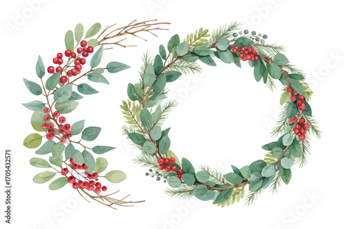 Watercolor Christmas wreaths eucalyptus 