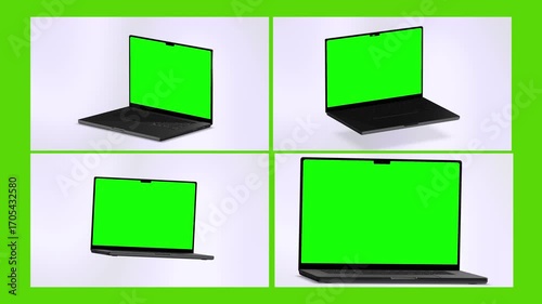 Realistic Four Laptop Green Screen Animation Isolated on White Background Chroma Key Setu