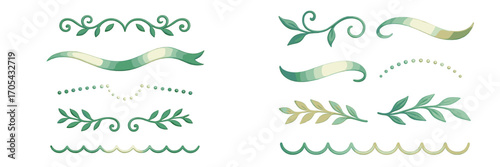 Elegant green and yellow decorative border elements with leafy vines, flowing ribbons, dotted lines, and wavy patterns