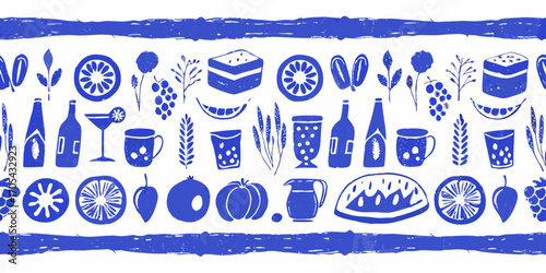 Seamless pattern of blue hand drawn food and drink elements on white background