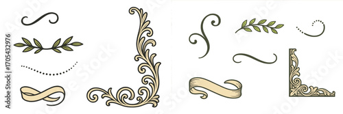 Elegant decorative flourishes, ornate corner elements, olive branches, dotted lines, and ribbons for various design projects