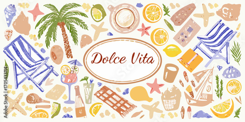 Dolce vita summer beach vacation lifestyle elements with palm tree deck chairs and tropical drinks