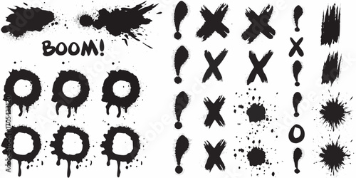 Collection of black ink splatter brush strokes and hand drawn symbols for design