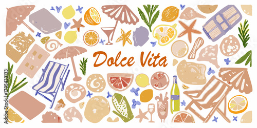 Dolce vita summer vibes with citrus fruits beach chairs and umbrellas hand drawn illustration