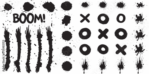 Collection of black ink splatters grunge textures and tic tac toe game elements with the word boom