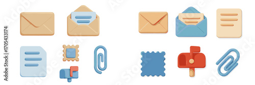Set of mail and document icons for digital communication and office applications, representing various forms of correspondence and paperwork