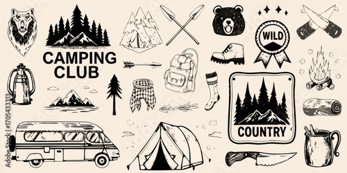 Collection of hand drawn camping and outdoor adventure icons and illustrations