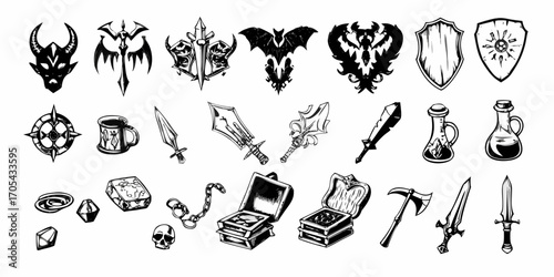 Collection of fantasy game icons and symbols including weapons potions and magical items