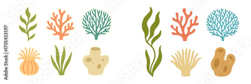 Vibrant collection of diverse marine plants, coral, and sea sponges in a stylized graphic design for underwater themes
