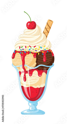 Delicious Ice Cream Sundae with Cherry and Sprinkles.