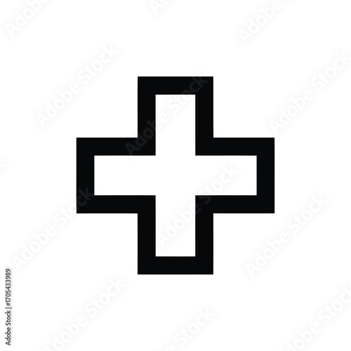 Vector art of a white plus sign symbol with a thick black outline, isolated on a white background