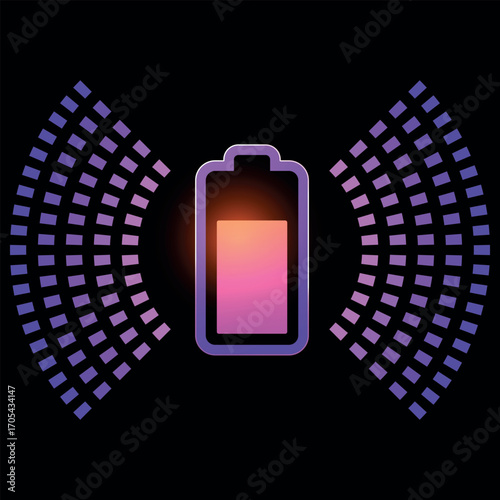 Wireless charging neon pink glowing vector icon on dark, charging battery energy, accumulator sign with round waves