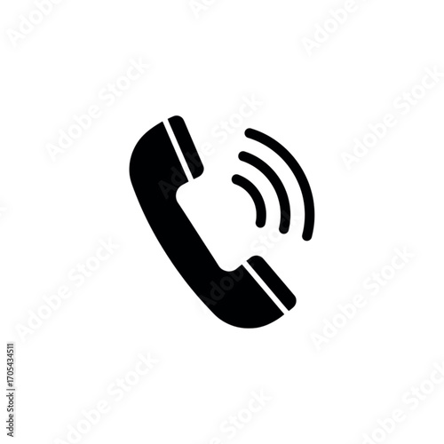 Black telephone handset icon with sound waves.