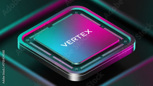 Vertex processor chip with neon lights, a modern technology component for computer and electronic device, futuristic design
